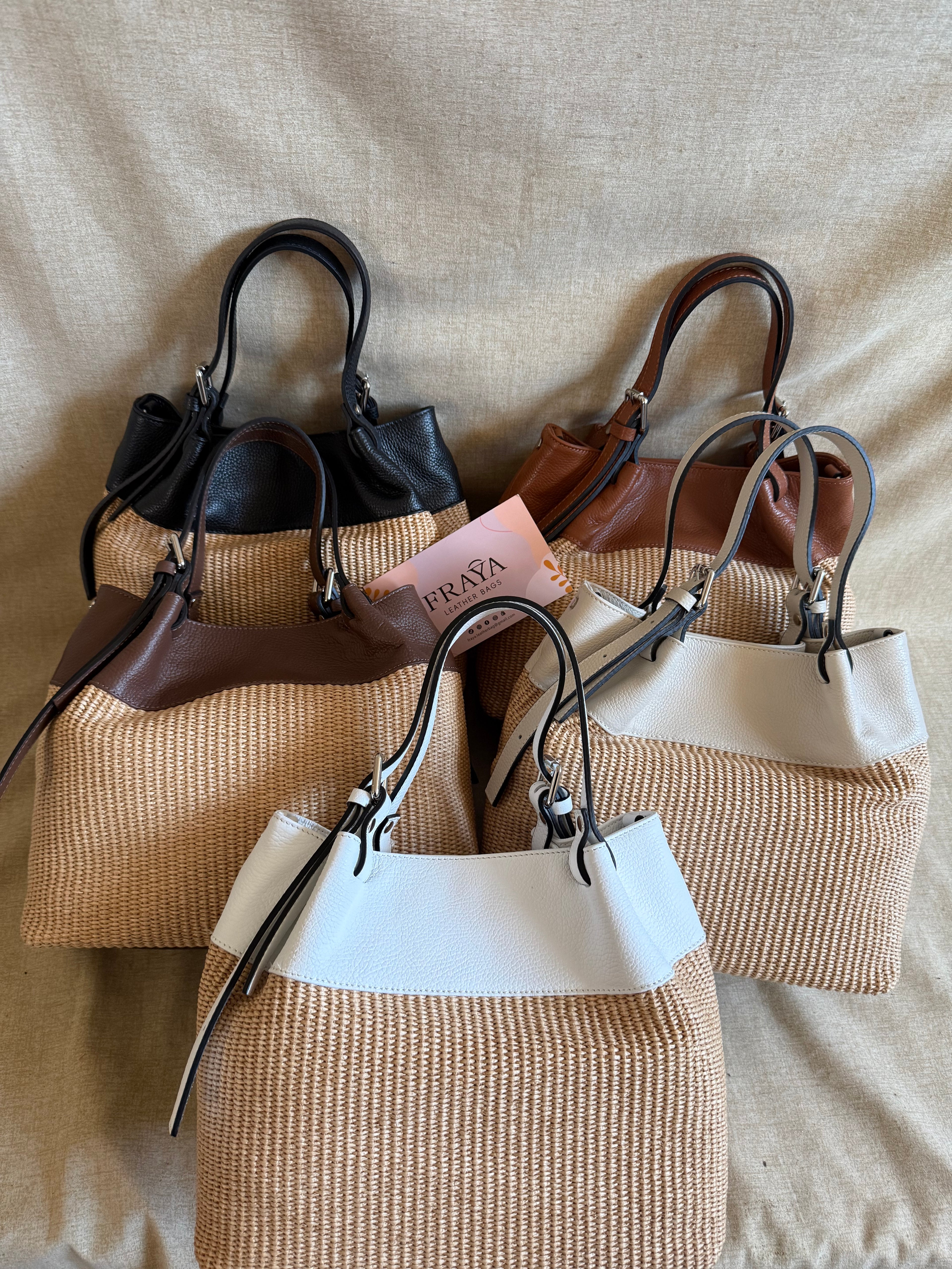 Borsa a Spalla in Vera Pelle e Rafia Naturale - Made in Italy - BS0114R