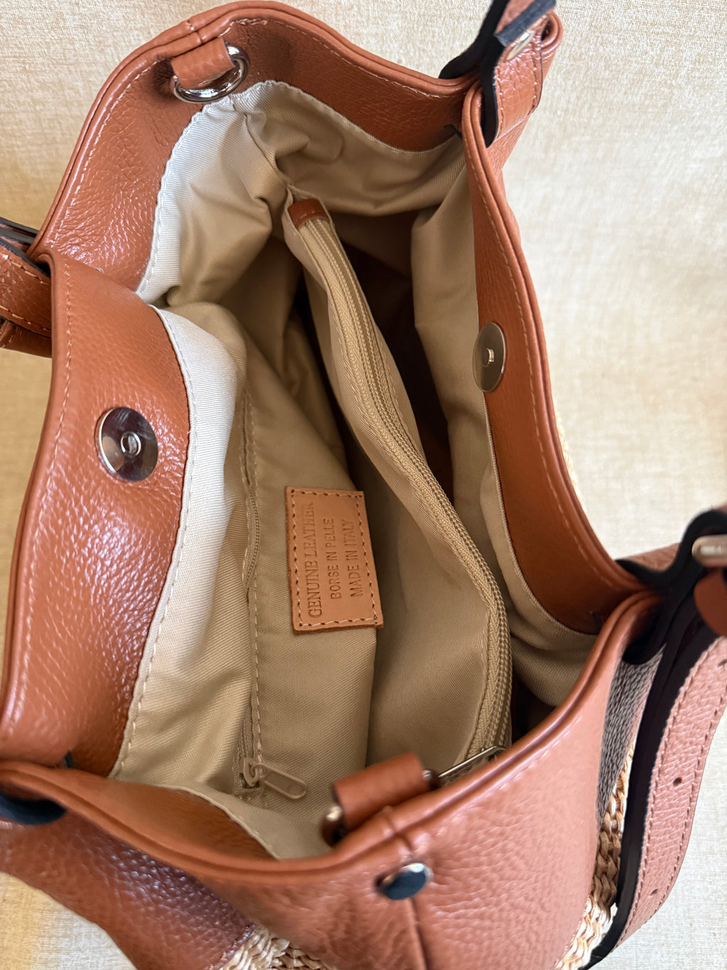 Borsa a Spalla in Vera Pelle e Rafia Naturale - Made in Italy - BS0114R