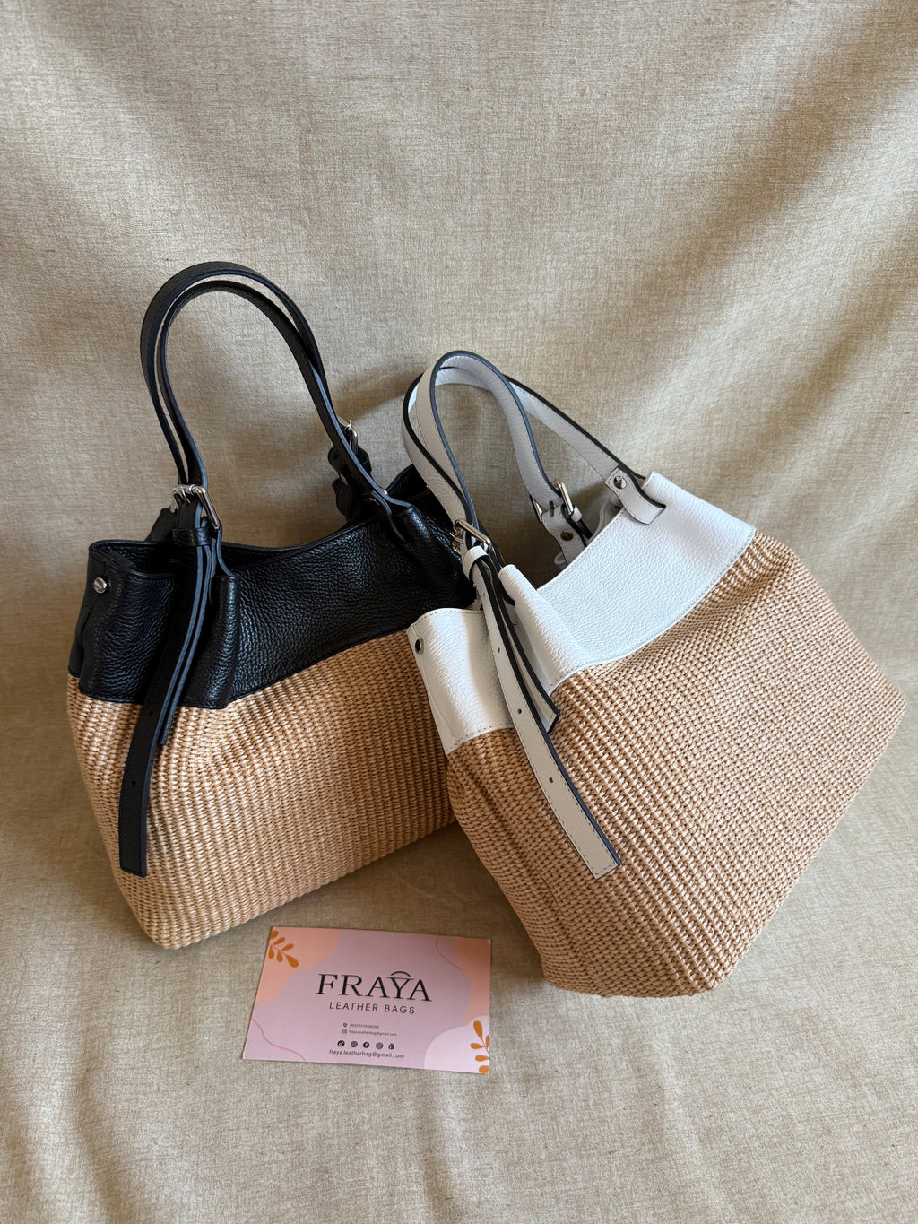 Borsa a Spalla in Vera Pelle e Rafia Naturale - Made in Italy - BS0114R