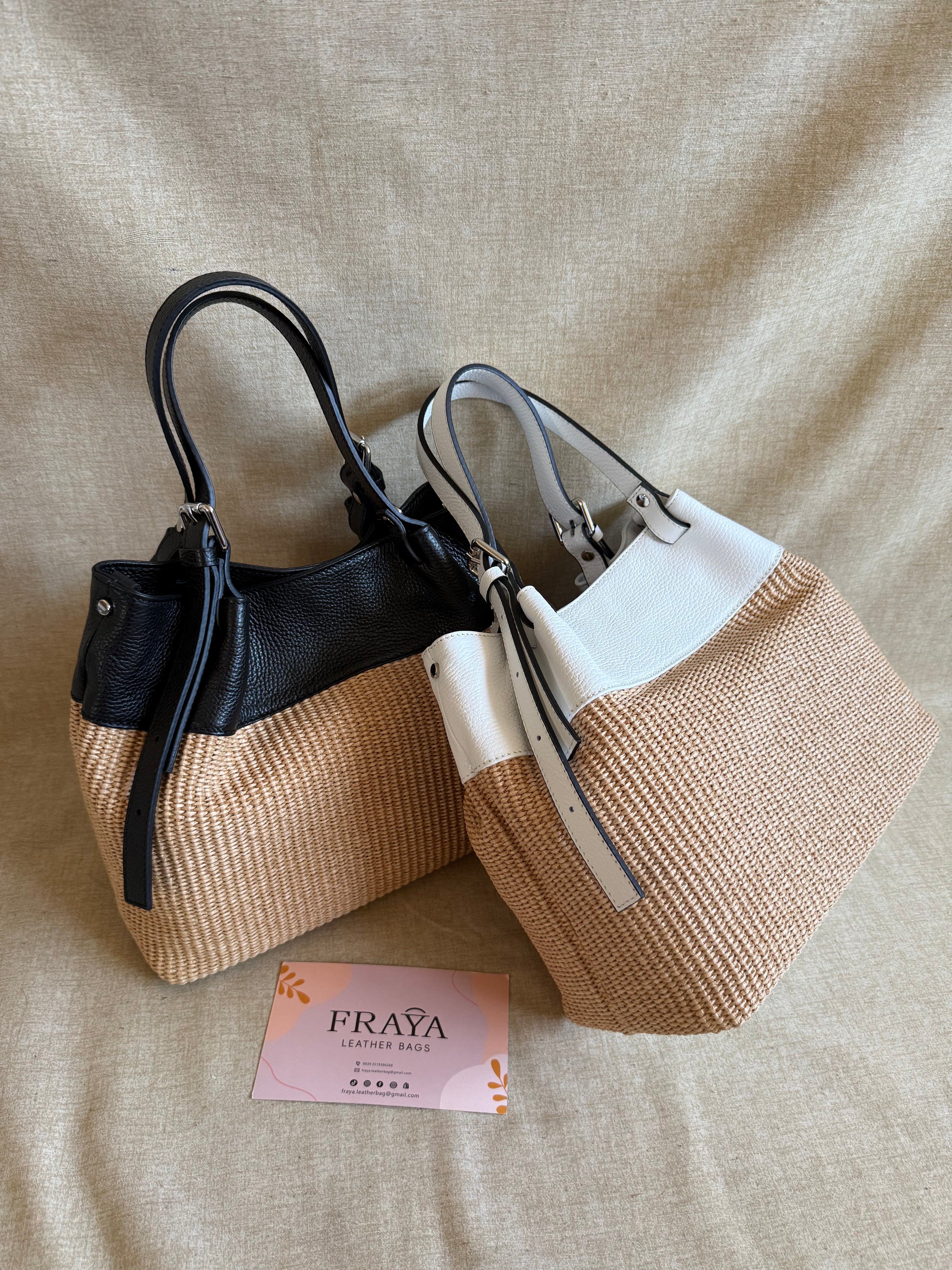 Borsa a Spalla in Vera Pelle e Rafia Naturale - Made in Italy - BS0114R