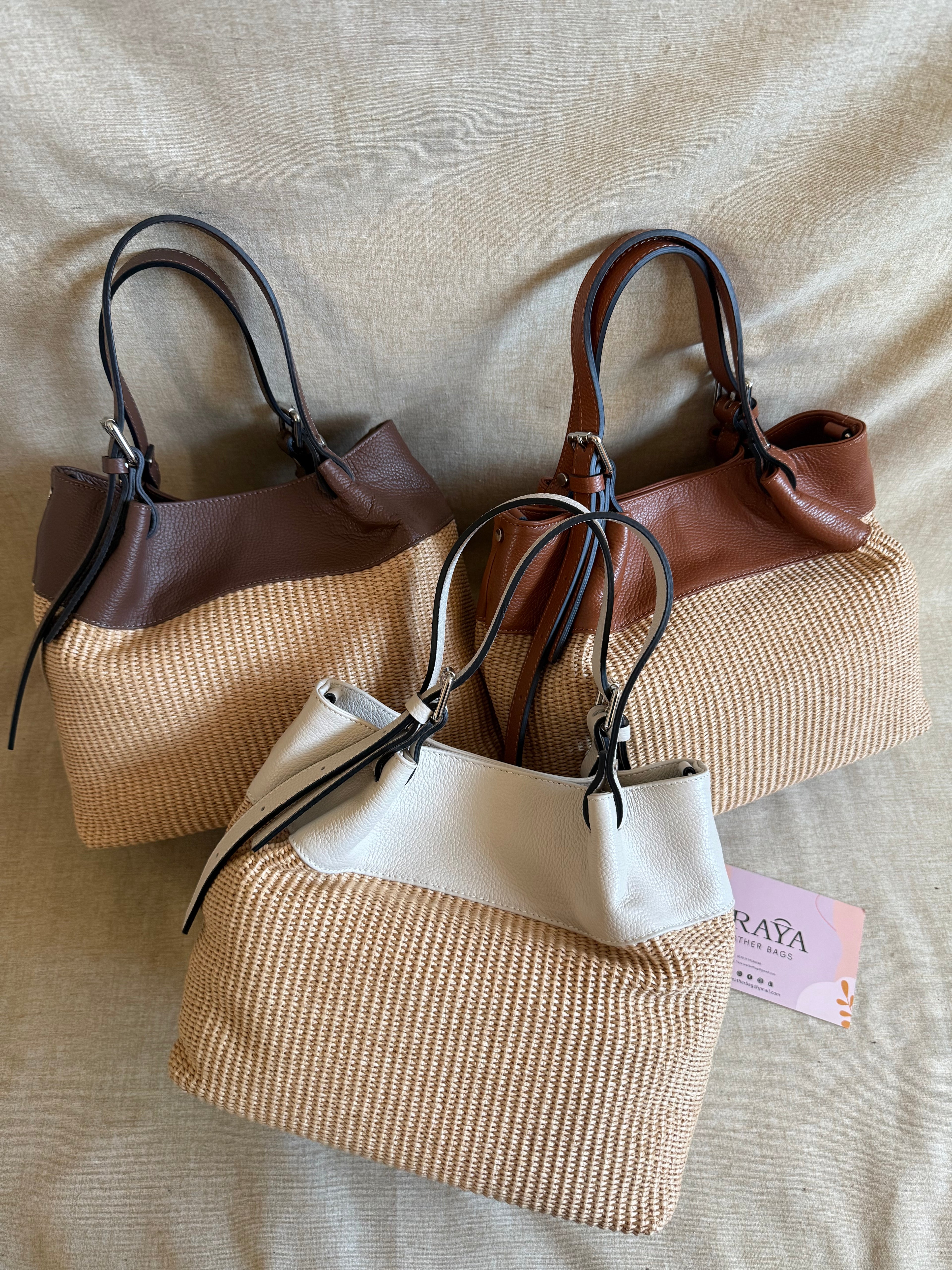 Borsa a Spalla in Vera Pelle e Rafia Naturale - Made in Italy - BS0114R