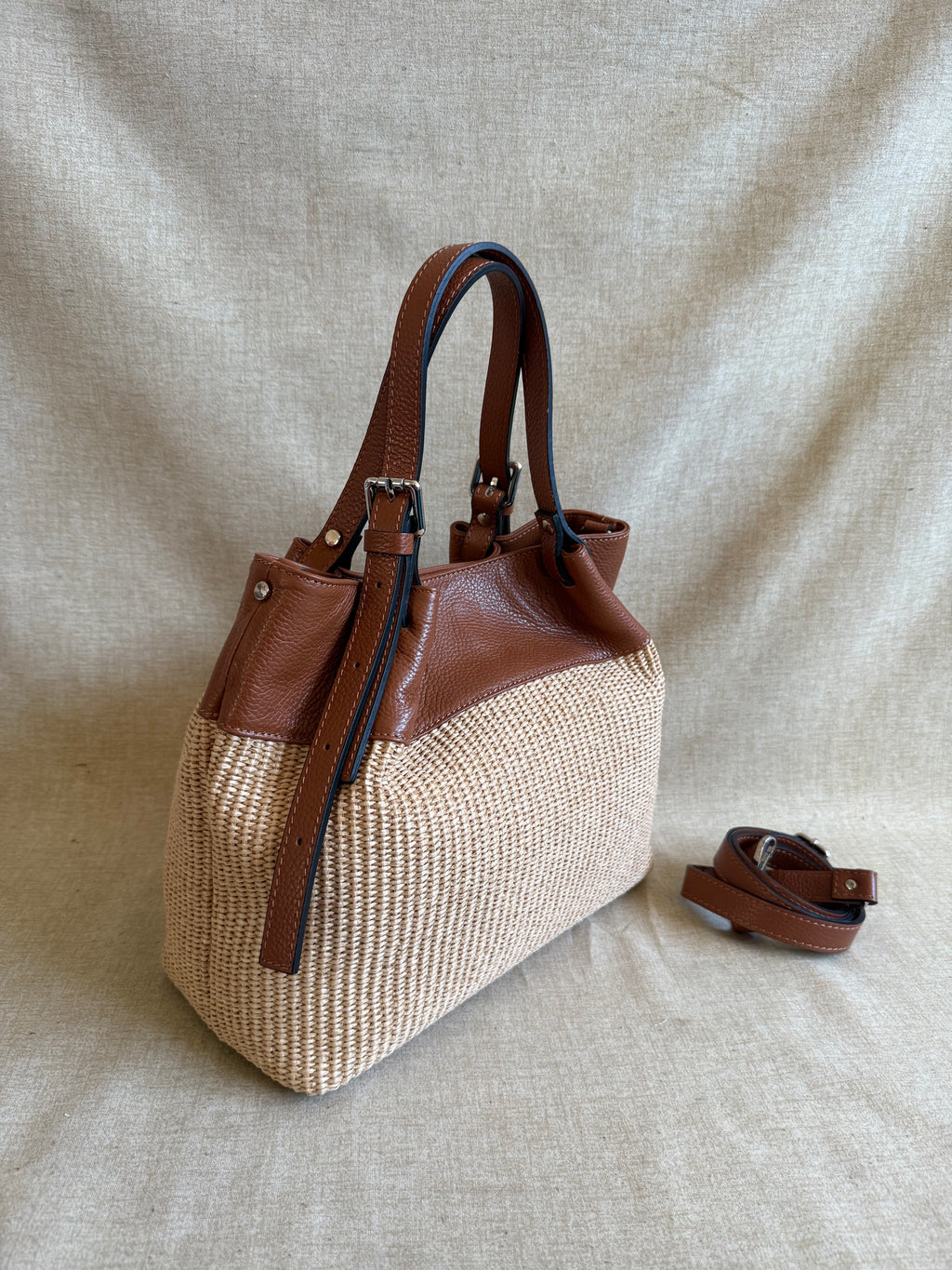 Borsa a Spalla in Vera Pelle e Rafia Naturale - Made in Italy - BS0114R