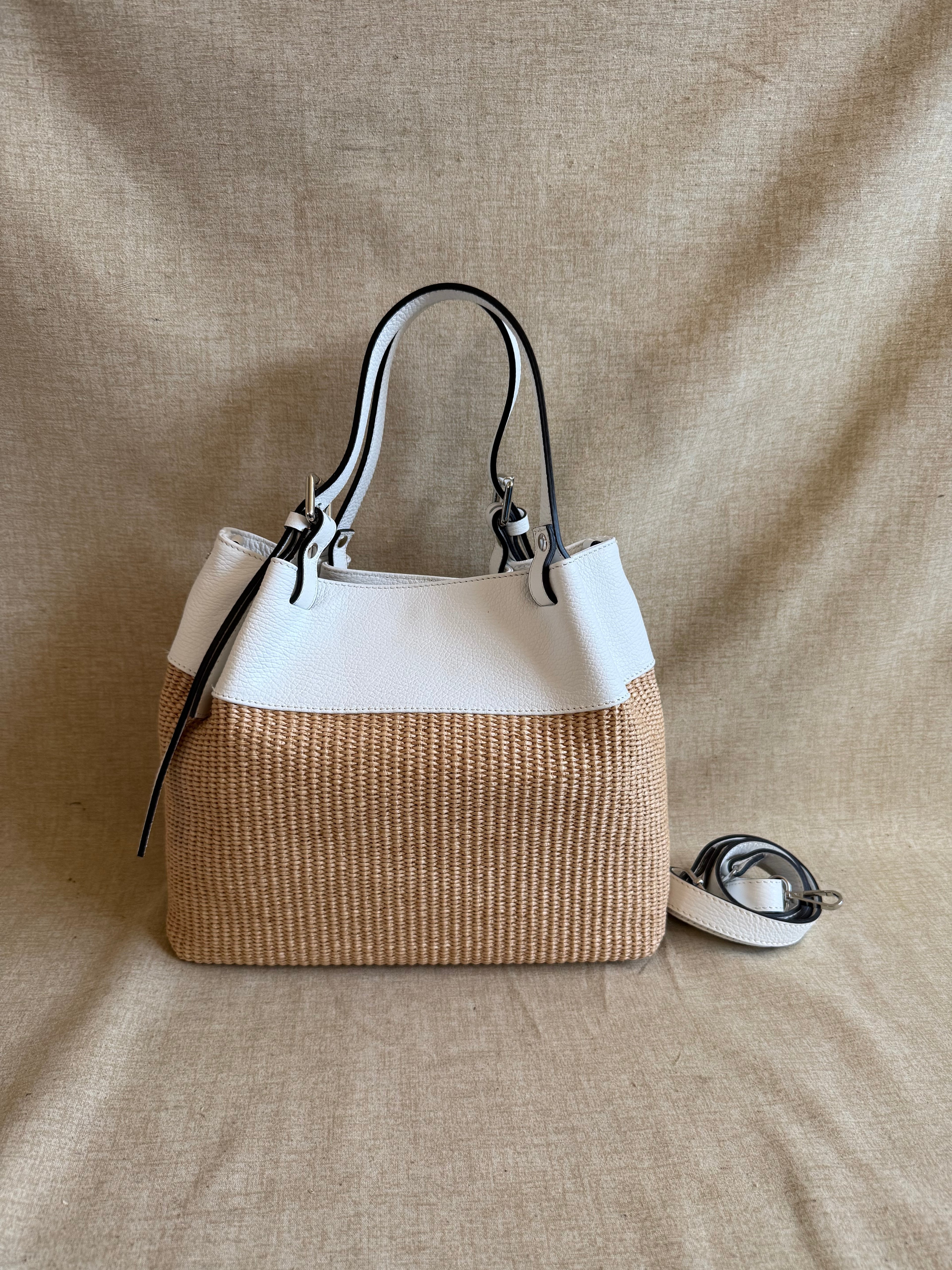 Borsa a Spalla in Vera Pelle e Rafia Naturale - Made in Italy - BS0114R